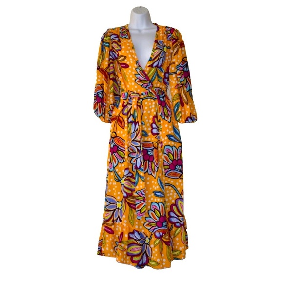 TABITHA BROWN Dresses & Skirts - TABITHA BROWN Orange Multi Floral 3/4 Sleeve V Neck Wrap Dress Size L